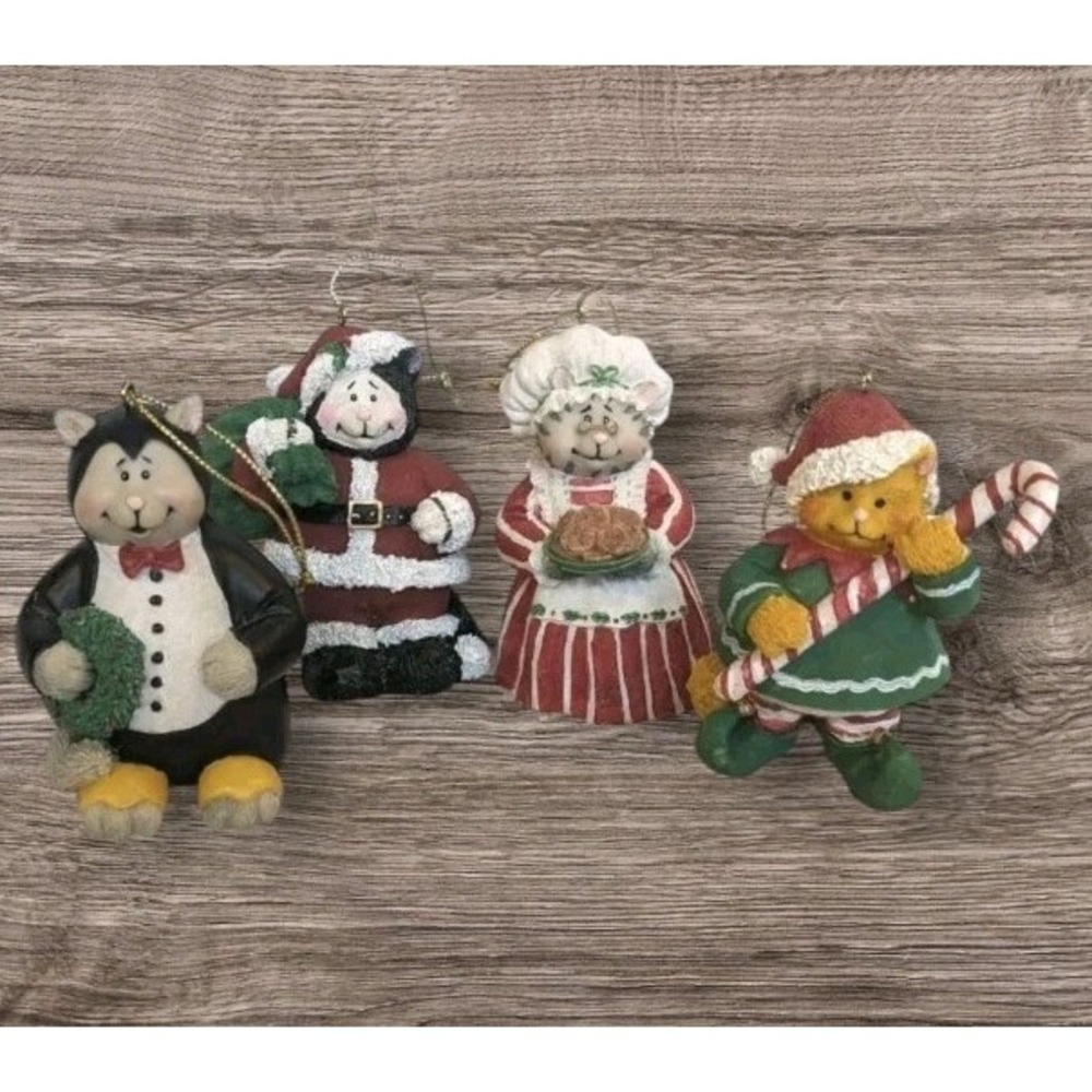 4 Christmas Ornaments Cat Santa Claus Elf Granny Kitty Penguin Mrs Vtg Set 3.5"